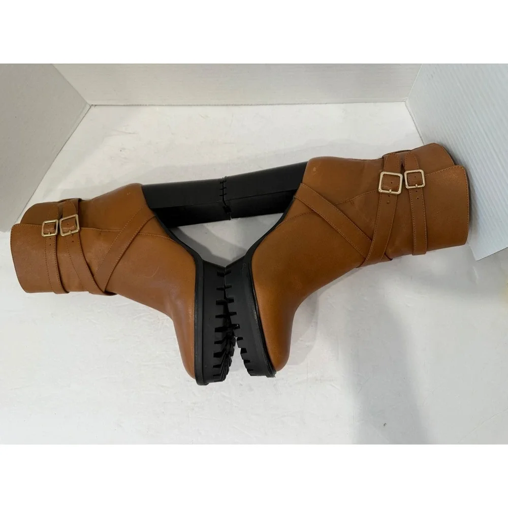 Vince Camuto Brown Buckle Strap Lug Sole Platform Block Heel Zip Ankle Boots 10M